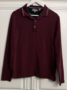 Ted Baker Men's Burgundy Textured Striped Long-Sleeve Polo Shirt Career Size M